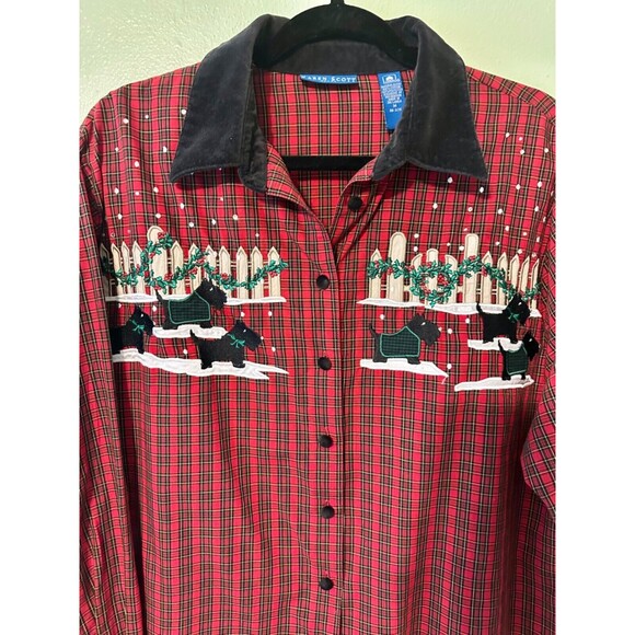 VTG Karen Scott Plaid Button Up Shirt Christmas Holly Scottish Terrier Woman’s M - Picture 2 of 10